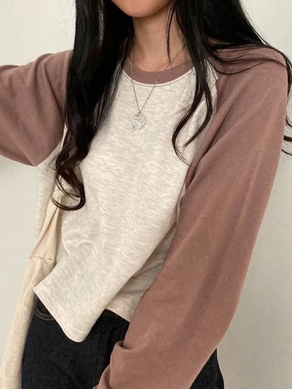 Korean Style Women Cotton Patchwork Long Sleeve Top