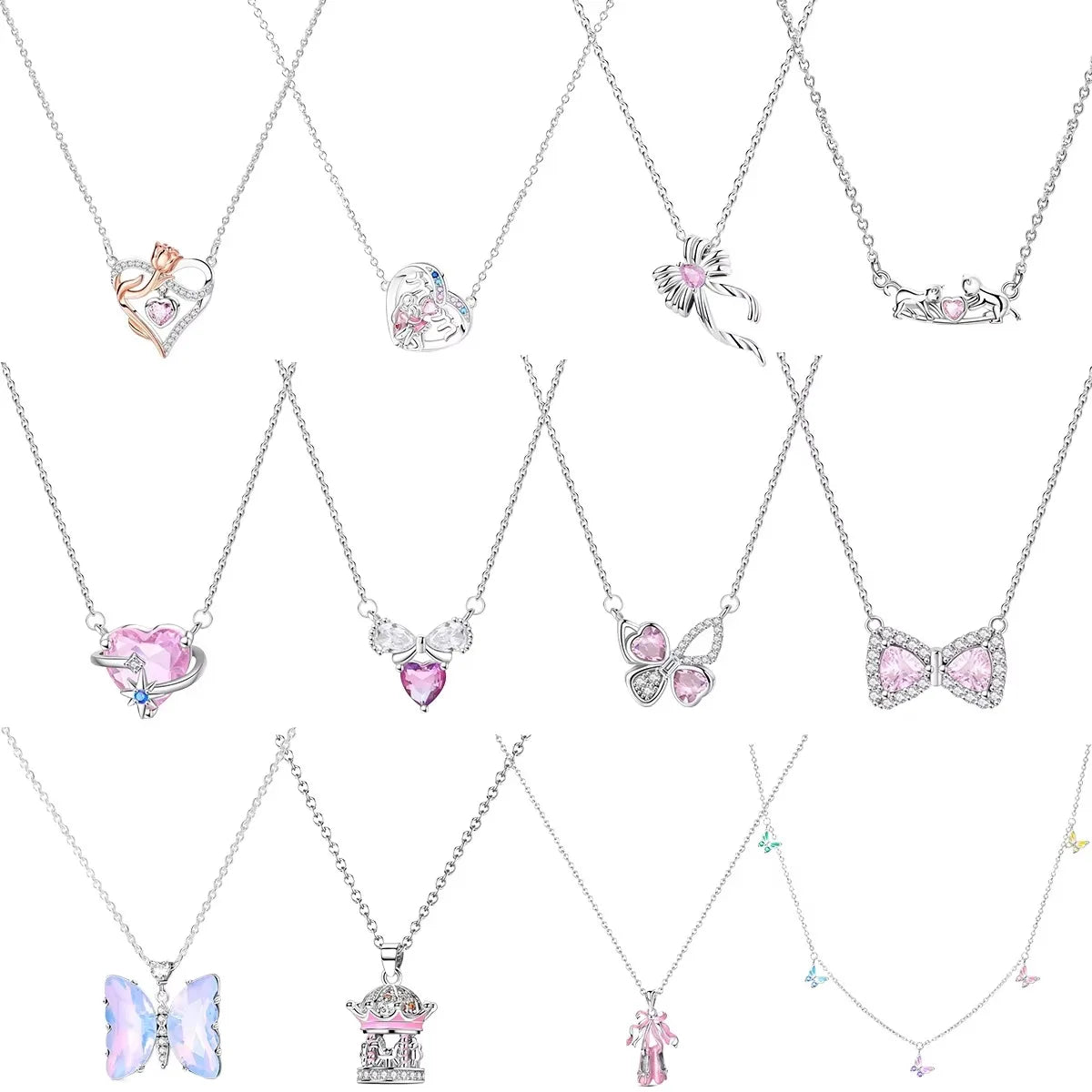 925 Sterling Silver Necklace with Pink Bow Heart Moon Butterfly Pendant Elegant Zircon Charm for Women Classic DIY Gift