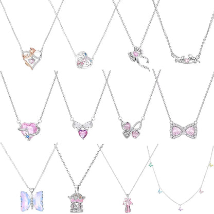 925 Sterling Silver Necklace with Pink Bow Heart Moon Butterfly Pendant Elegant Zircon Charm for Women Classic DIY Gift