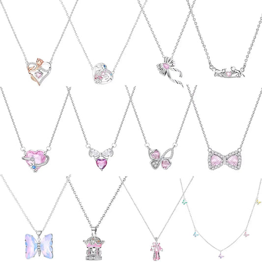 925 Sterling Silver Necklace with Pink Bow Heart Moon Butterfly Pendant Elegant Zircon Charm for Women Classic DIY Gift