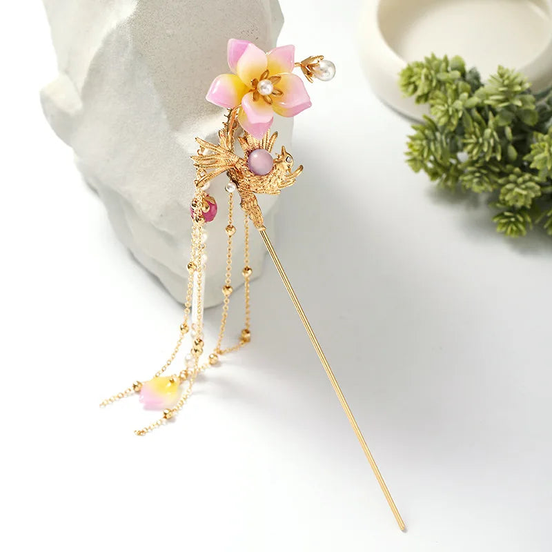Vintage Chinese Flower Hairpin Elegant Hanfu Hair Stick for Women