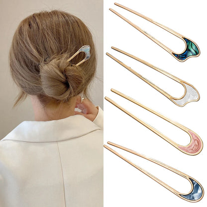 Elegant Silver Gold Enamel Shell Hairpin for Women U Shape Hair Stick Accessories