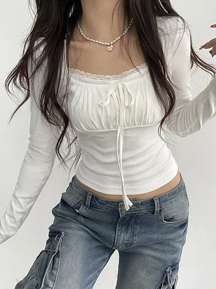 Square Collar Knit Crop Top With Lace Bow For Women