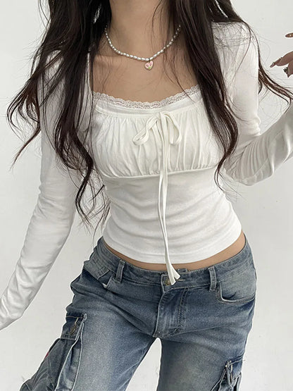 Square Collar Knit Crop Top With Lace Bow For Women
