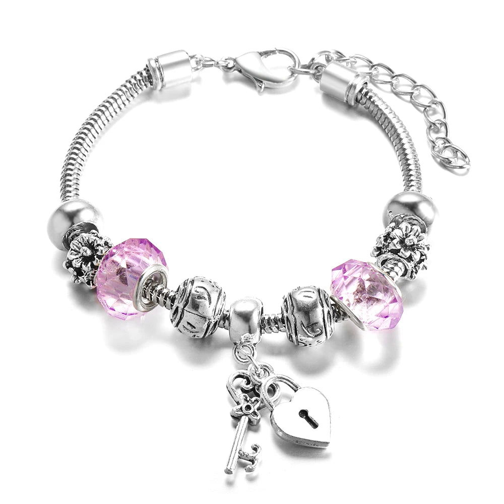 Elegant Heart Lock Charm Beaded Bangle Adjustable Snake Chain Bracelet for Women