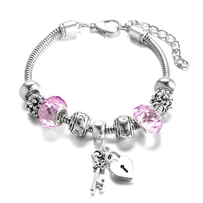 Elegant Heart Lock Charm Beaded Bangle Adjustable Snake Chain Bracelet for Women