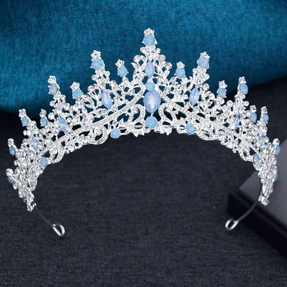 Elegant Silver Opal Blue Wedding Crown Jewelry Set for Women - Princess Tiaras, Earrings, and Necklace for Prom Gifts