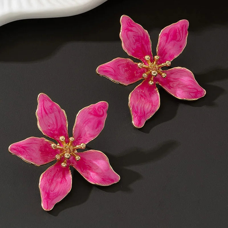Romantic Enamel Petal Post Earrings for Women - Classic Metal Flower Accessories