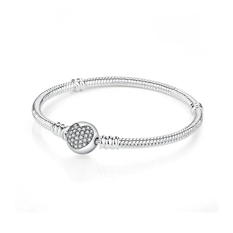 925 Sterling Silver Snake Chain Bracelet for Women with Butterfly Heart Clasp Luxury Zircon Bangle Gift Jewelry