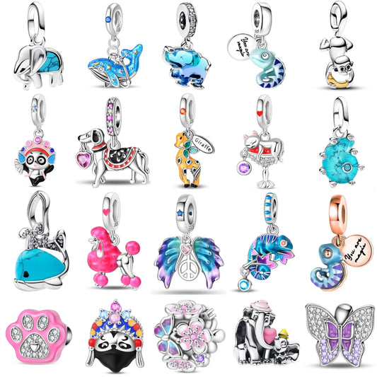 925 Sterling Silver Animal Charms Set Elephant Chameleon Fish Cat Beads for DIY Bracelets Pendant Fine Jewelry Gift