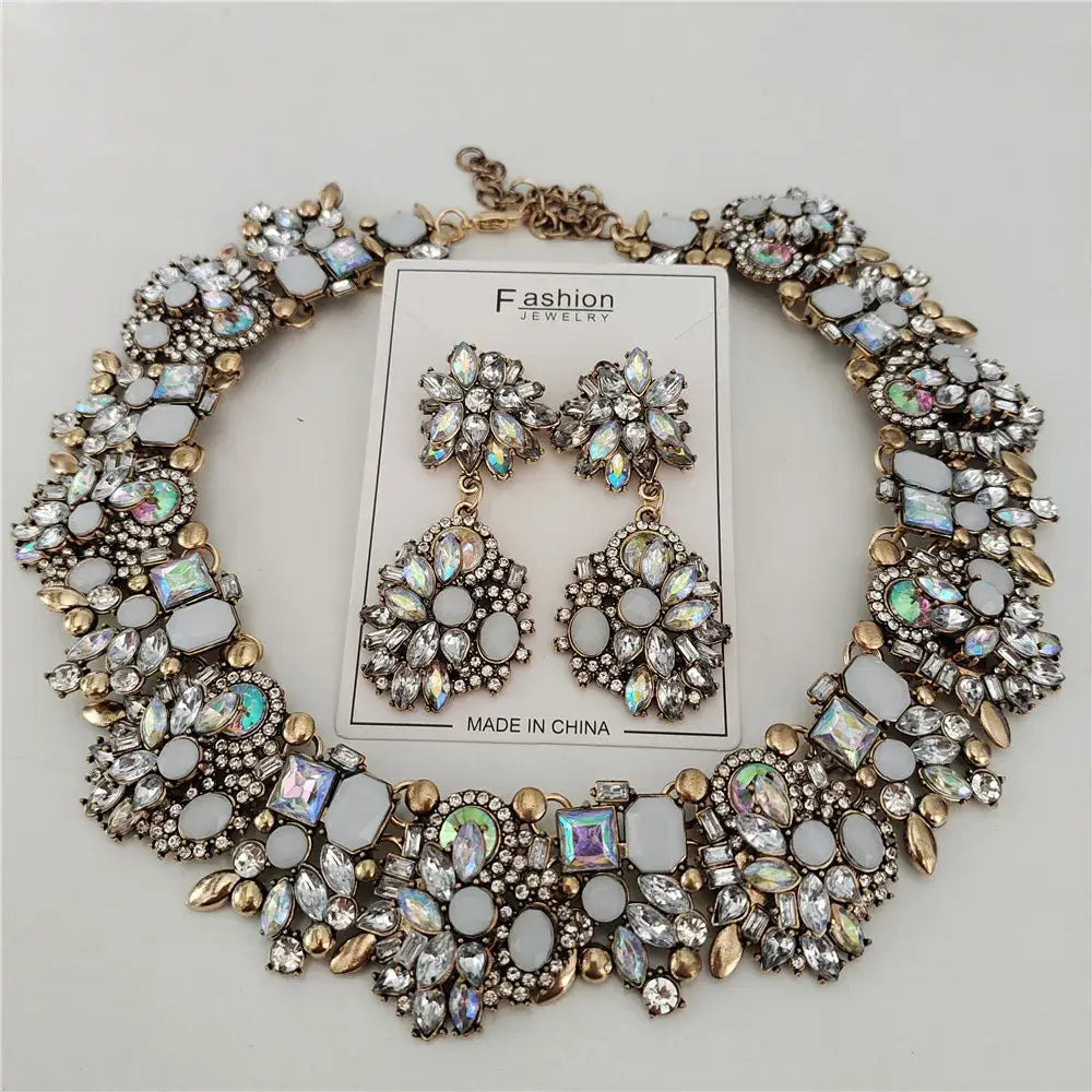 Indian Ethnic Crystal Rhinestone Necklace Earrings Set for Bridal 2024 White Sets