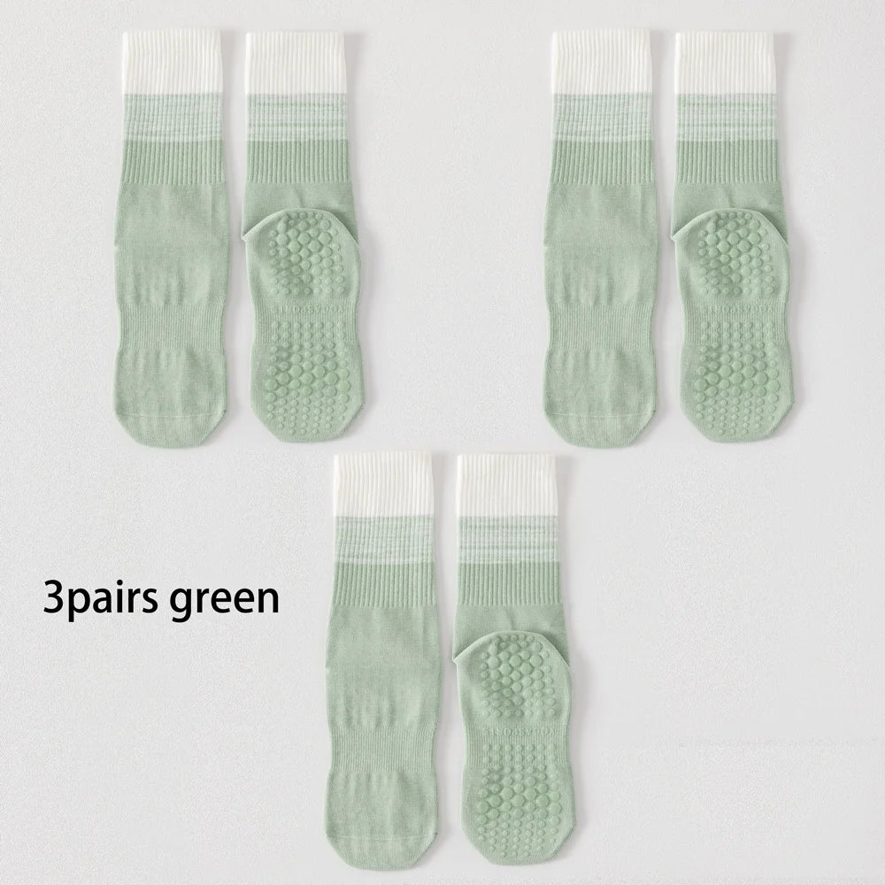 3 Pairs Cotton Anti Slip Mid Calf Yoga Socks For Women