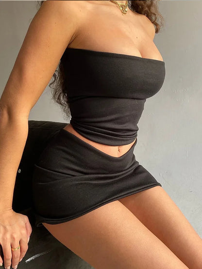 Summer Sleeveless Tube Crop Top And Skirt Two Piece Set