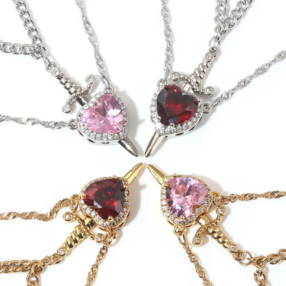 Assembled Heart and Sword Zircon Pendant Necklace Set for Couples Silver Gold Plated Choker Jewelry Gifts