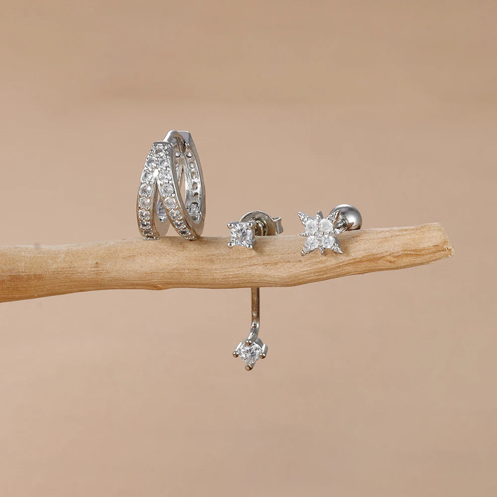 3PCS 18K Gold Plated Stainless Steel Zircon Flower Hoop Earrings Set for Women Trendy Wedding Jewelry