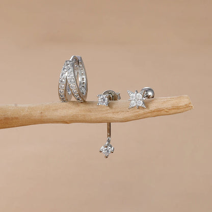 3PCS 18K Gold Plated Stainless Steel Zircon Flower Hoop Earrings Set for Women Trendy Wedding Jewelry