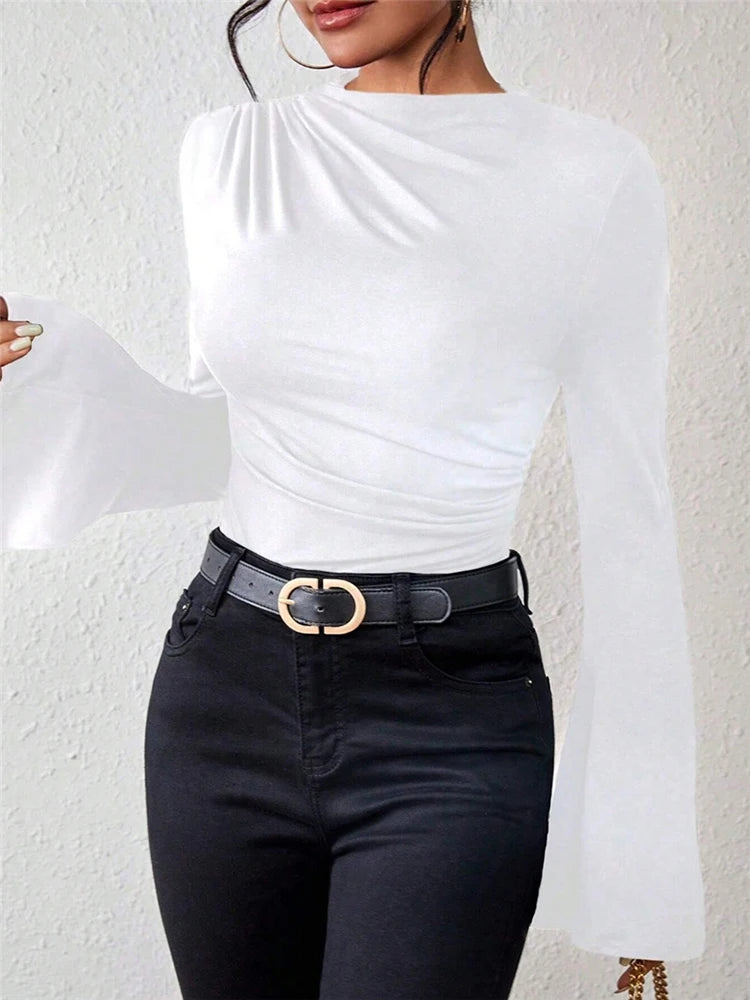 Flare Sleeve Stand Collar Slim Fit Knit Tee Autumn Style