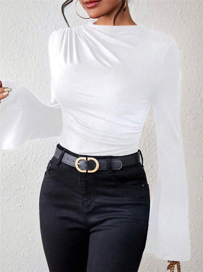 Flare Sleeve Stand Collar Slim Fit Knit Tee Autumn Style