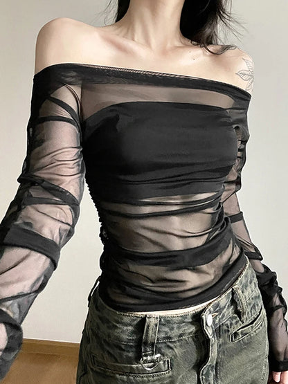 Dozw Sexy Sheer Mesh Two Piece Set Neck Crop Top Women