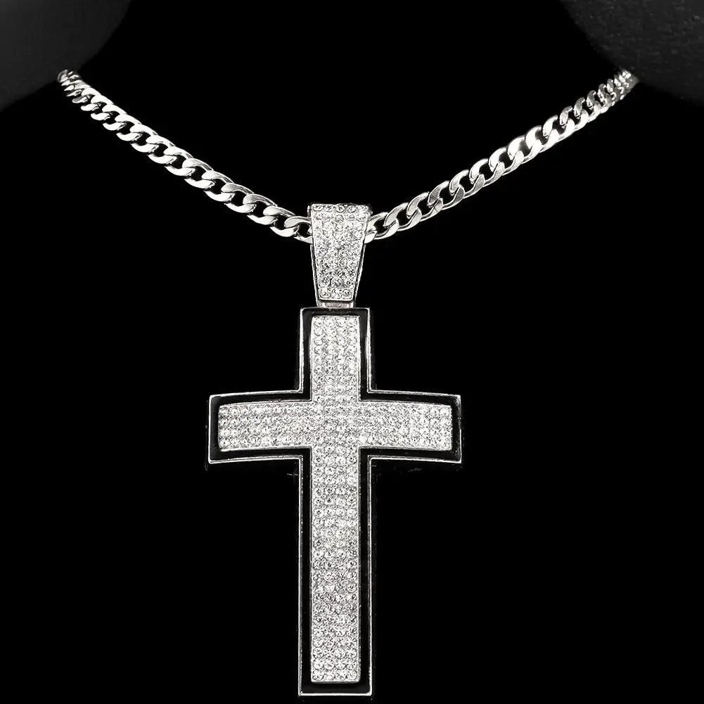 Punk Luxury Rhinestone Cross Pendant Cuban Link Necklace for Women and Men Hip Hop Iced Out Jewelry