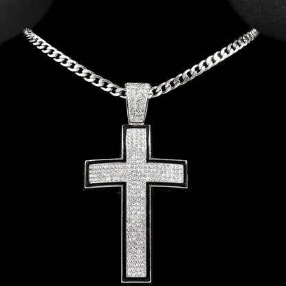 Punk Luxury Rhinestone Cross Pendant Cuban Link Necklace for Women and Men Hip Hop Iced Out Jewelry