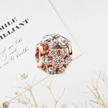 Sparkling Rose Gold Family Tree & Flower Charm Bead for European Silver Bracelet