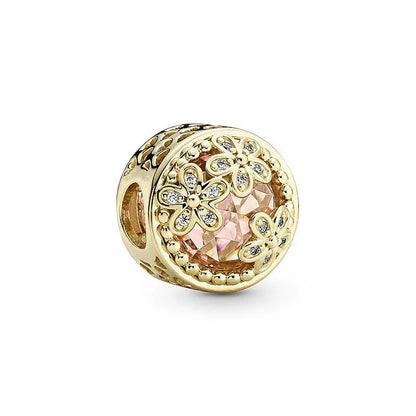 Gold Plated Pink Daisy And Clear Heart Charm Bead 925