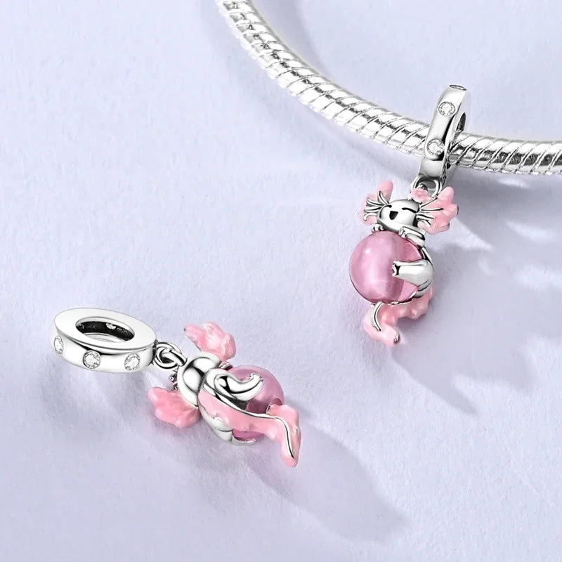 Sterling Silver Cat and Flower Heart Charm for DIY Bracelet Jewelry KTC1638