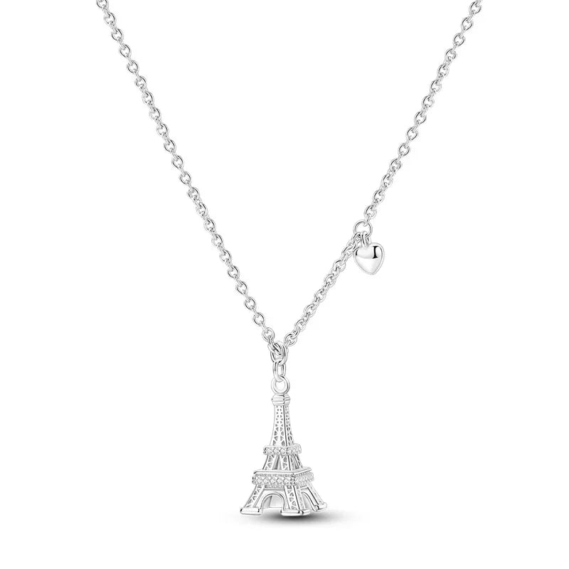 925 Sterling Silver Necklace with Pink Bow Heart Moon Butterfly Pendant Elegant Zircon Charm for Women Classic DIY Gift