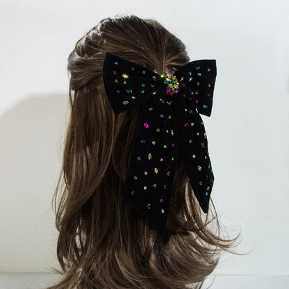Korean Style Flocked Fabric Hair Clip with Diamonds Large Bow High-Quality Spring Clip for Women