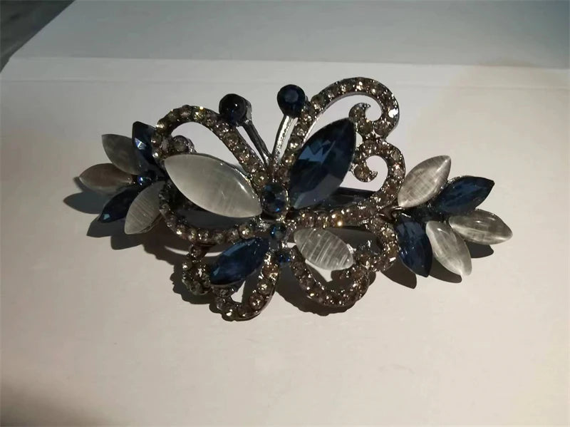 Elegant Red Crystal Flower Bow Hairpin With Vintage Blue Rhinestones
