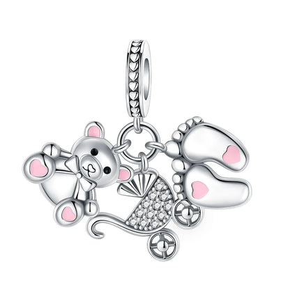 Sterling Silver Pink Blossom Dangle Charm with Butterfly Heart Flower Rose and Bird Bead for DIY Necklace and Bracelet Jewelry