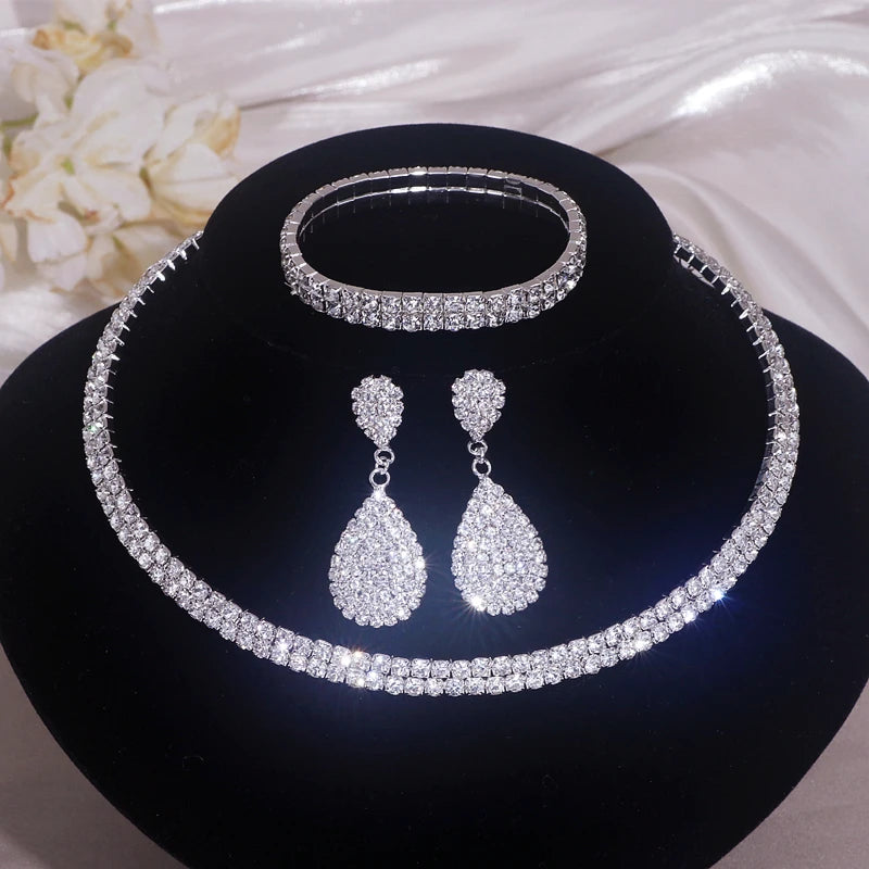 Luxury Round Rhinestone Jewelry Set for Women Classic Silver Necklace Bracelet and Earring Bridal Wedding Accessories
