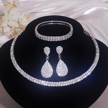 Luxury Round Rhinestone Jewelry Set for Women Classic Silver Necklace Bracelet and Earring Bridal Wedding Accessories