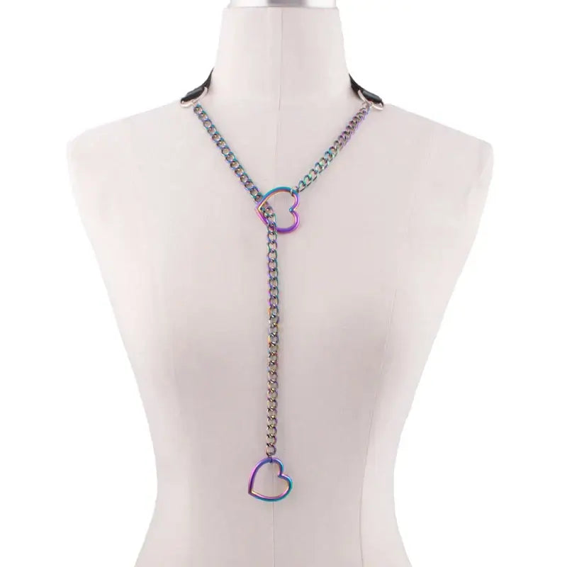 Heart Slip Chain Y Necklace Black Leather Choker for Women