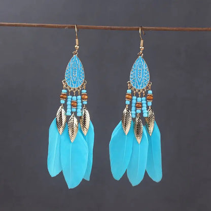 Bohemian Long Feather Drop Earrings with Tassel Beads and Enamel Flowers for Women