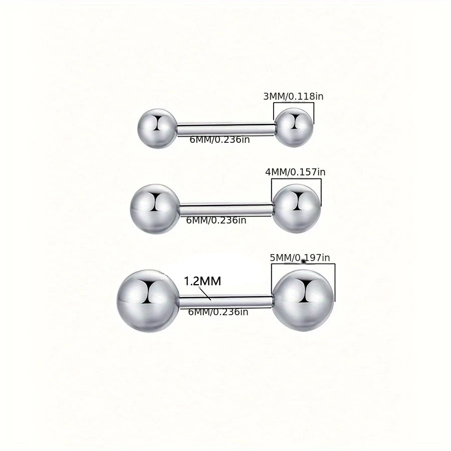 3 Pairs Unisex Stainless Steel Barbell Stud Earrings Minimalist Ball Design for Men and Women