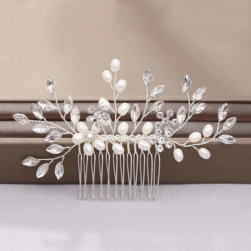 Crystal Pearl Leaf Hair Comb Clip - Handmade Wedding Tiara for Brides Style 6
