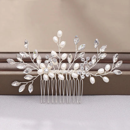 Crystal Pearl Leaf Hair Comb Clip - Handmade Wedding Tiara for Brides Style 6