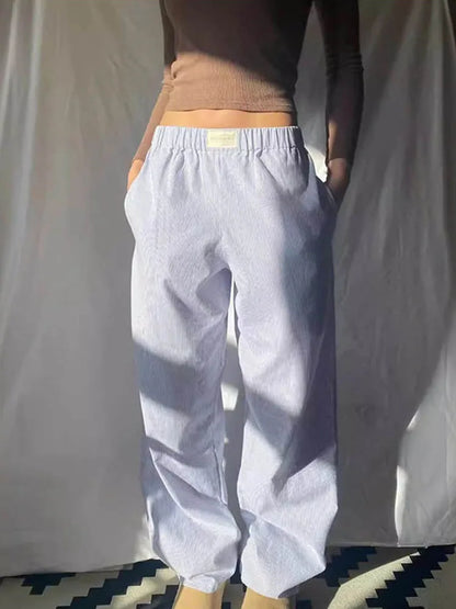 Pink Stripe Elastic Waist Pocket Pants Loose Straight Leg