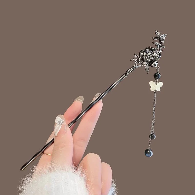 Elegant Ink Flower Tassel Hairpin Forks for Women - Modern Hanfu Hair Jewelry with Black Beads Fringe