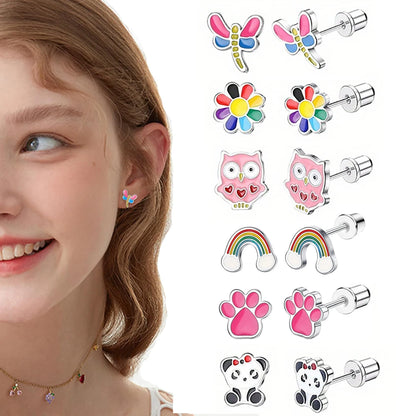 Charming Animal and Flower Stud Earrings Set for Girls with Secure Screw-Backs