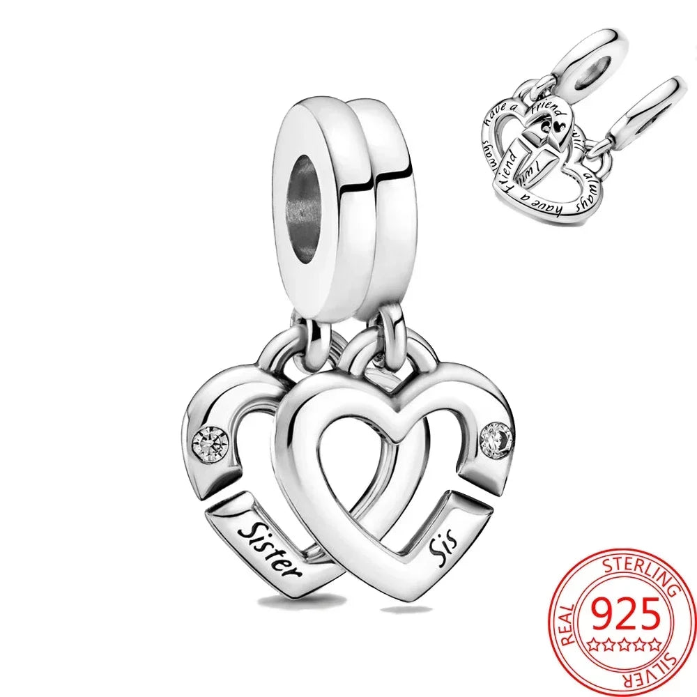 Original 925 Sterling Silver Four Leaf Clover and Heart Double Dangle Charm for Necklace and Bracelet Friendship Jewelry with Zircon Accents