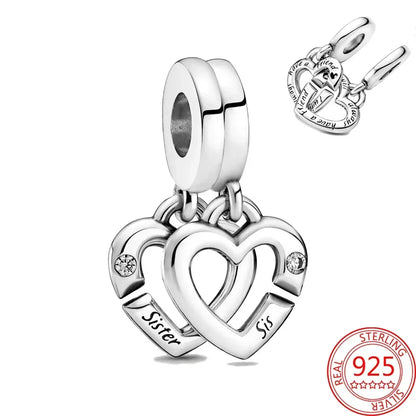 Original 925 Sterling Silver Four Leaf Clover and Heart Double Dangle Charm for Necklace and Bracelet Friendship Jewelry with Zircon Accents