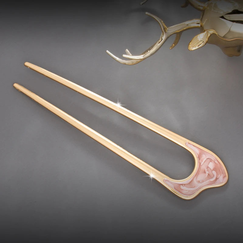 Elegant Silver Gold Enamel Shell Hairpin for Women U Shape Hair Stick Accessories