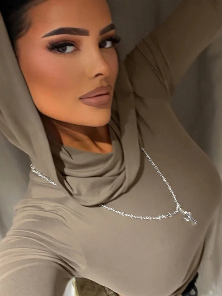 Womens Hooded Crop Top Long Sleeve Solid Cowl Neck Slim Fit