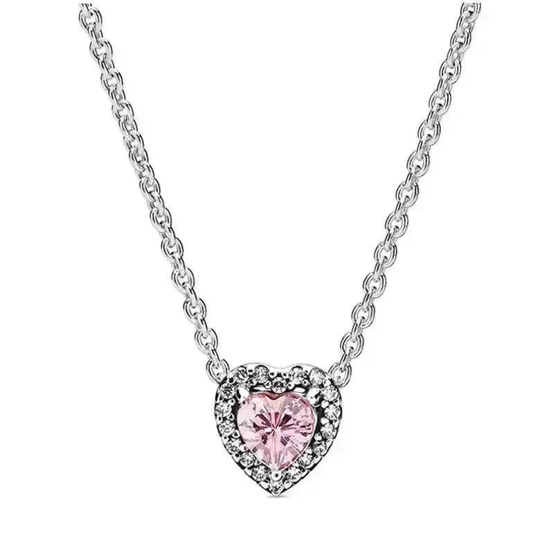 New 925 Sterling Silver Heart Shaped Earrings Rings Necklaces Pink Red Rainbow Luxury Set Sparkling Charm Jewelry Gifts