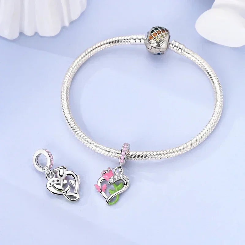 Sterling Silver Pink Blossom Dangle Charm with Butterfly Heart Flower Rose and Bird Bead for DIY Necklace and Bracelet Jewelry