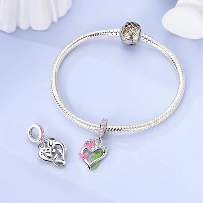 Sterling Silver Pink Blossom Dangle Charm with Butterfly Heart Flower Rose and Bird Bead for DIY Necklace and Bracelet Jewelry
