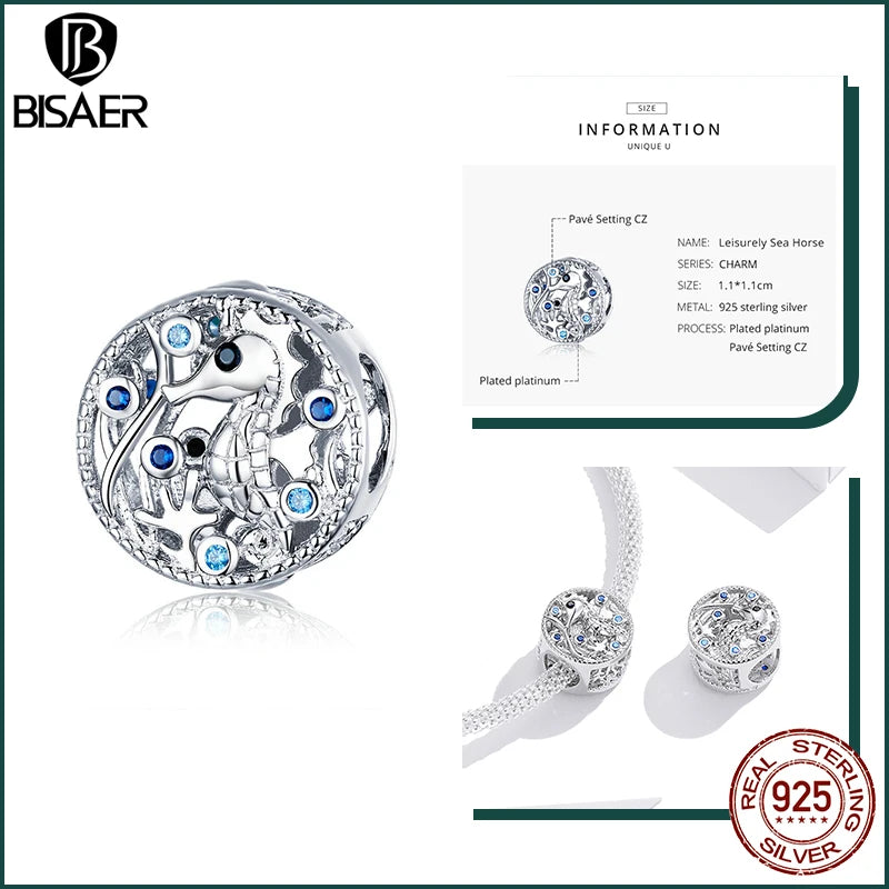 BISAER Ocean Charm 925 Sterling Silver Dolphin and Mermaid Bead with Blue CZ for DIY Jewelry EFC266 CHINA